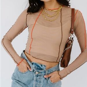 CROPPED LETTUCE HEM MESH TOP - TAUPE size XS